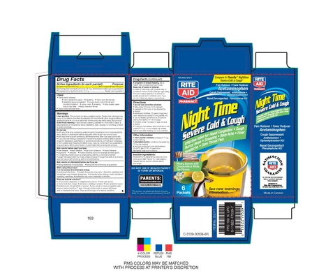 Rite Aid night time severe cold and coughhoney lemon with chamomile and white tea flavors packaging
