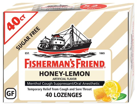 Sugar Free Honey-Lemon Fishermans Friend Menthol Cough Suppressant 포장