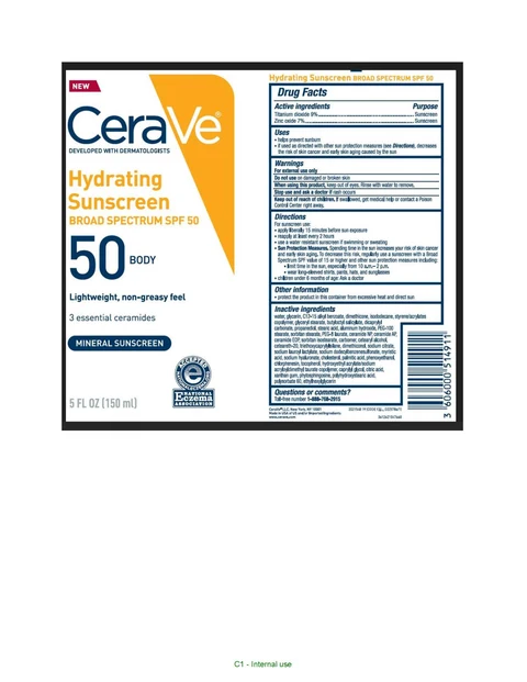 Cerave Developed with Dermatologists Hydrating Sunscreen SPF 50 Body Lightweight, non-greasy feel 3 essential ceramides Mineral Sunscreen 포장