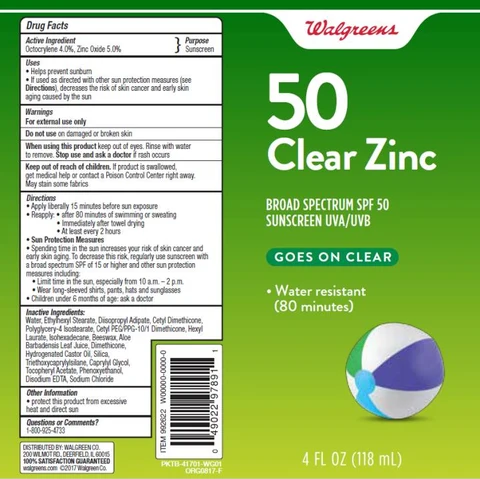 Walgreens sunscreen Clear Zinc SPF50 packaging