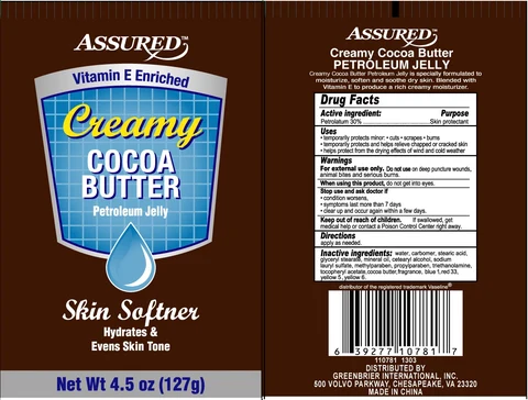 Assured Creamy Cocoa Butter Petroleum Vitamin E Enriched 포장
