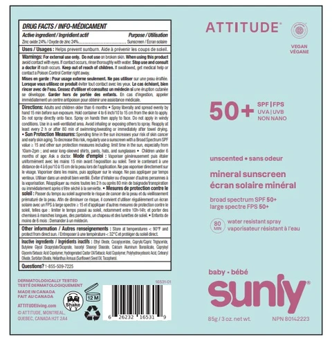 ATTITUDE Sunly Baby Mineral sunscreen Sprayer SPF 50 Unscented 포장