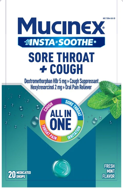 MUCINEX INSTASOOTHESORE THROAT PLUS COUGH RELIEF packaging