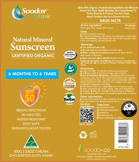 Soodox Natural Mineral Sunscreen SPF50 - 6 months to 6 years packaging