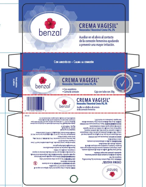 PRINCIPAL DISPLAY PANEL Benzal Crema Vagisil Benzocaína / Resorcinol Crema 5%, 2% Con anestésico Calma la comezón Caja con tubo con 30g
