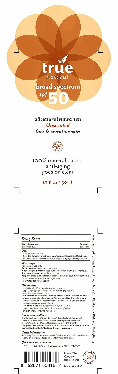 True Natural broad sptectum spf 50Unscented face and sensitive skin 포장