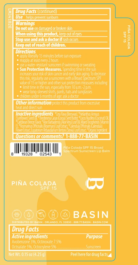 Basin Pina Colada SPF 15 Broad Spectrum Sunscreen Lip Balm 포장
