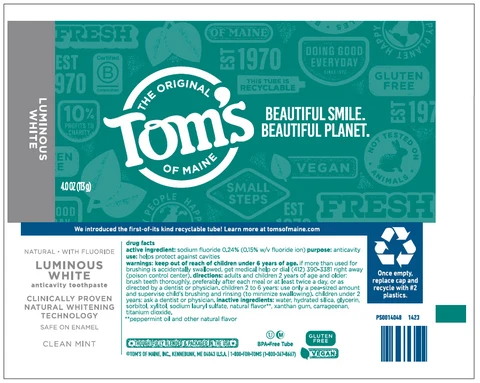 Toms Luminous White Fluoride Clean Mintcavity protection / whitening packaging