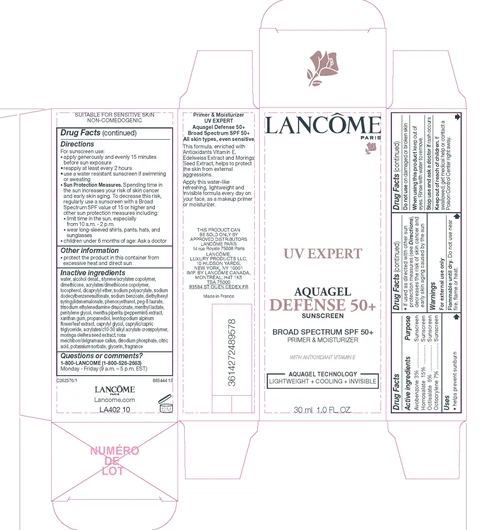 Lancome Paris UV Expert Aquagel Defense 50 Plus Sunscreen Broad Spectrum SPF 50 Plus Primer and Moisturizer packaging