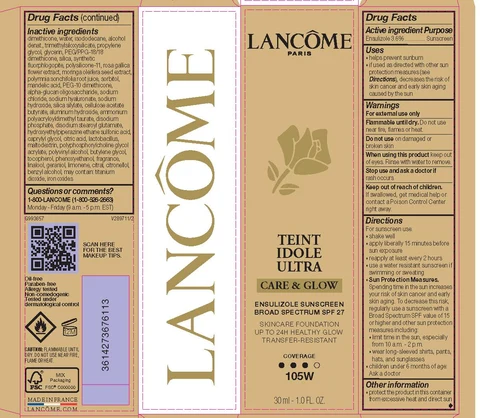 Lancome Paris Teint Idole Ultra Care and Glow Skincare Foundation Broad Spectrum SPF 27 Sunscreen packaging