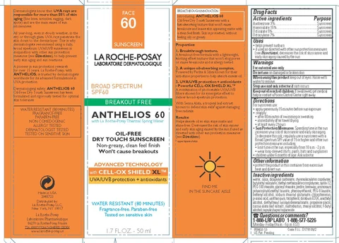 La Roche Posay Laboratoire Dermatologique Anthelios 60 Breakout Free Oil Free Face Dry Touch Broad Spectrum SPF 60 Sunscreen Water Resistant 80 Minutes packaging