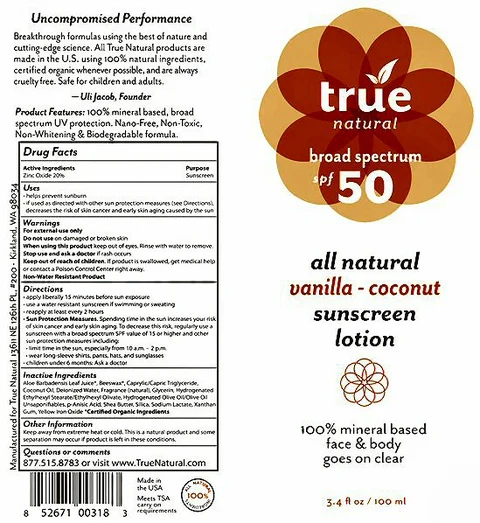 True Natural broad spectrum spf 50all natural vanilla-coconut sunscreen 포장
