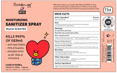 The creme shop BT21 MOISTURIZING SANITIZERSpray PEACH SCENTED packaging