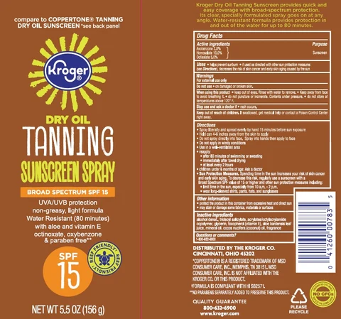 Kroger Dry Oil Tanning Sunscreen Broad Spectrum SPF 15 Reef Friendly 포장