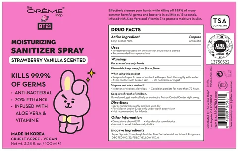 The creme shop BT21 MOISTURIZING SANITIZERSpray STRAWBERRY VANILLA SCENTED packaging