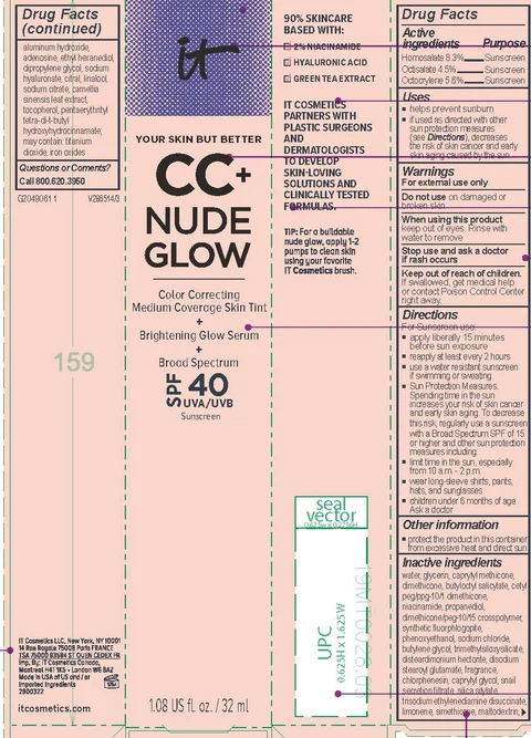 IT Cosmetics Your Skin But Better CC Plus Nude Glow Color Correcting Medium Coverage Skin Tint Brightening Glow Serum Broad Spectrum SPF 40 Sunscreen All Shades packaging