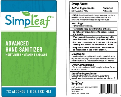 Simpleaf Advanced Hand Sanitizer Moisturizer and Vitamin E and Aloe 포장
