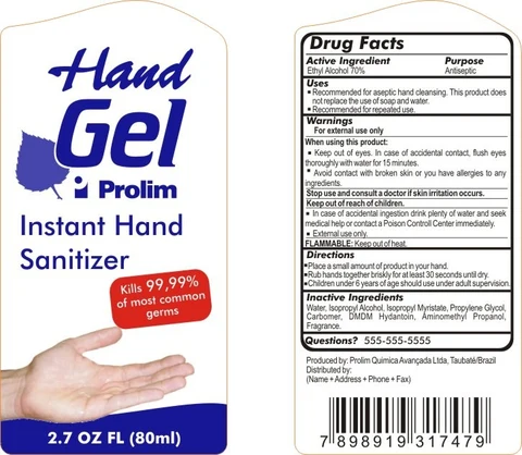 Hand Gel Prolim Instant Hand Sanitizer packaging