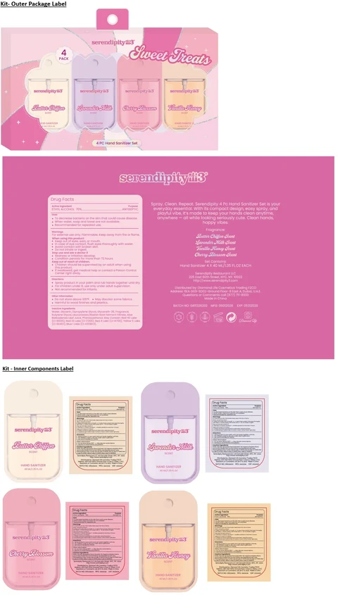 serendipity3 4 PC Hand Sanitizer Set - Butter Chiffon, Lavender Milk, Cherry Blossom and Vanilla Honey SCENT 포장