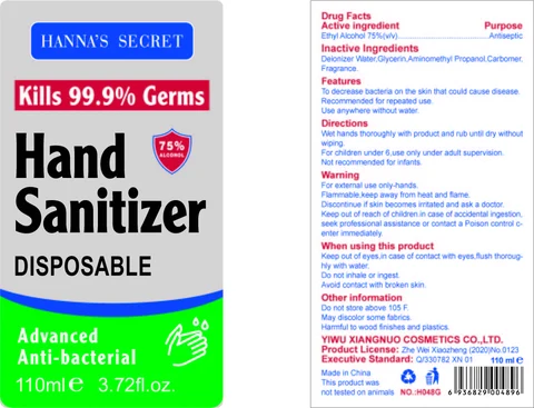 HANNAS SECRET HAND SANITIZER DISPOSABLE 포장