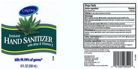 CAREONEINSTANT HAND SANITIZER WITH ALOE AND VITAMIN E packaging