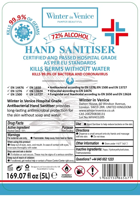 Winter in Venice HOSPITAL GRADE HAND SANITIZER packaging