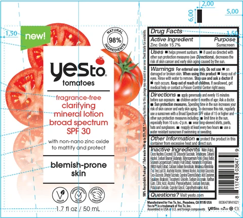 Yes To Tomatoes Fragrance-Free Clarifying Mineral Broad Spectrum SPF-30 packaging