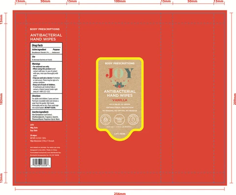BODY PRESCRIPTIONS JOY ANTIBACTERIAL HAND WIPES VANILLA PEPPERMINT WINTER BERRY 포장