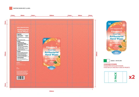 BODY PRESCRIPTIONS Vitamin C Travel Pack Antibacterial Hand Wipes 포장
