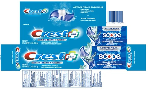 Crest Premium PlusScope Dual Blast Active Foam 포장