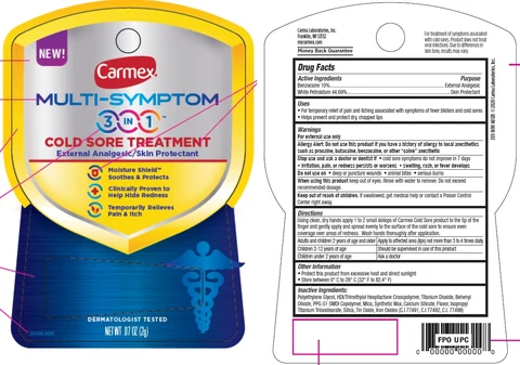 CARMEX Multi-Symptom 3 in 1 COLD Sore treatment External Analgesic Skin Protectant packaging