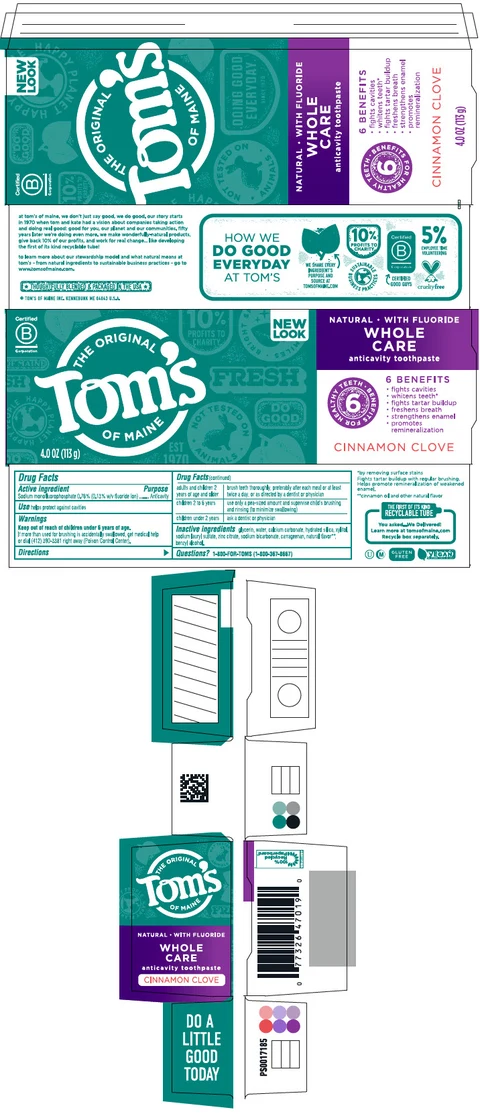 Toms Whole Care Cinnamon CloveFIGHTS CAVITIES WHITENING FRESH BREATH HELPS FIGHT TARTAR packaging