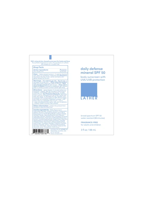 LATHER- DAILY DEFENSE MINERAL SPF 50 BODY SUNSCREEN packaging