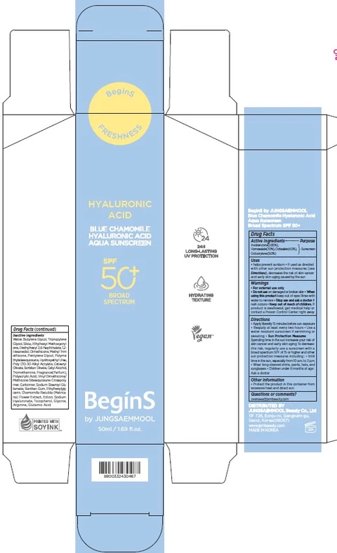 BeginS by JUNGSAEMMOOL Blue Chamomile Hyaluronic Acid Aqua Sunscreen Broad Spectrum SPF 50 plus 포장
