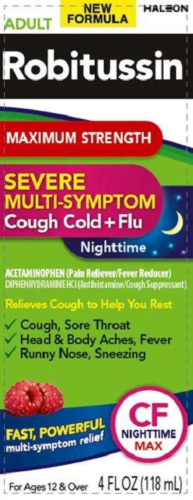 Robitussin Maximum Strength Severe Multi-Symptom Cough Cold Flu Nighttime packaging
