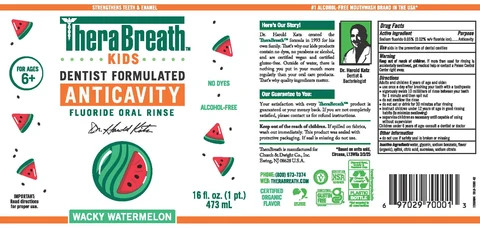 TheraBreath for Kids Anticavity Wacky Watermelon / TheraBreath for Kids Anticavity Strawberry Splash / TheraBreath for Kids Anticavity Grapes Galore packaging