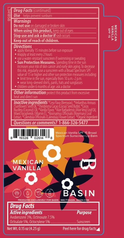 Basin Mexican Vanilla SPF 15 Broad Spectrum Sunscreen Lip Balm 포장
