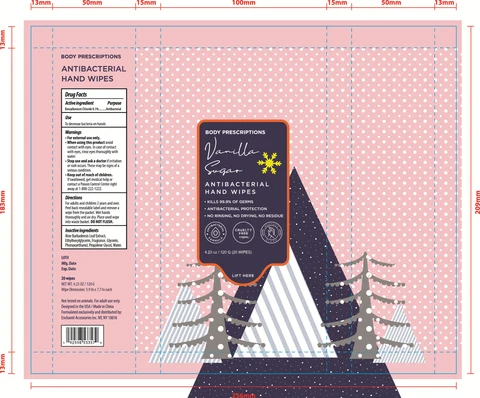 BODY PRESCRIPTIONS ANTIBACTERIAL HAND WIPES Vanilla Sugar Winter Berry Peppermint 포장