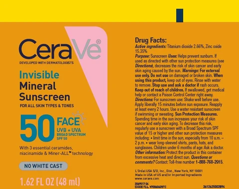 CERAVE DEVELOPED WITH DERMOTOLOGISTS Invisible Mineral Sunscreen FOR ALL SKIN TYPES AND TONES FACE UVB AND UVA BROAD SPECTRUM SPF 50 포장