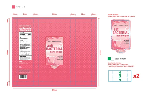 BODY PRESCRIPTIONS Antibacterial Hand Wipes PINK GRAPEFRUIT 포장