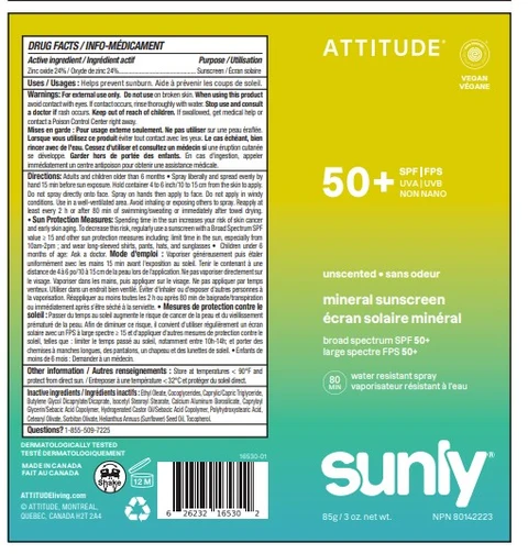 ATTITUDE Sunly Mineral Sunscreen Sprayer SPF 50 Unscented 포장