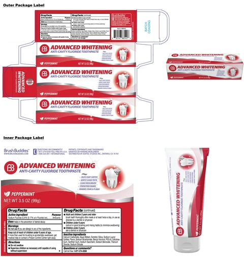 Brush Buddies ADVANCED WHITENING ANTI-CAVITY FLUORIDE PEPPERMINT packaging