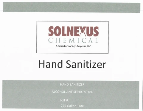 Solnexus Chemical Hand Sanitizer packaging