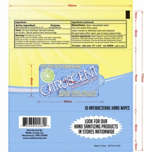 Citrus Scent Antibacterial Hand Wipe packaging