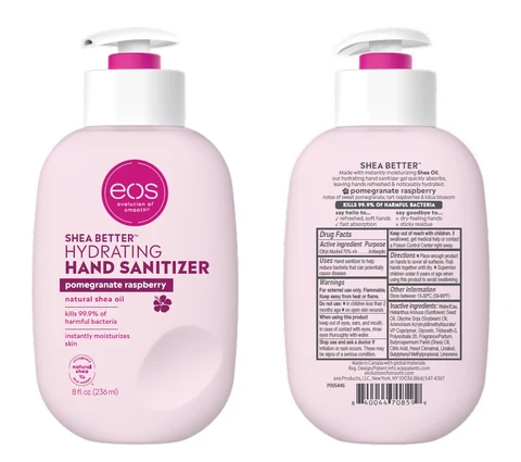 eos SHEA BETTERTM HYDRATING HAND SANITIZER pomegranate raspberry packaging