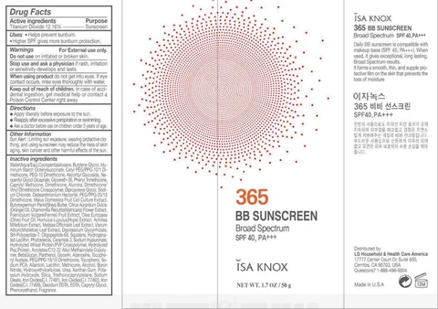 ISA KNOX 365 BB SUNSCREEN Broad Spectrum SPF 40, PA packaging