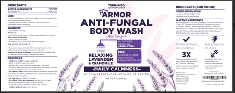 Terramed Just Think Comfort Armor Antifungal Body Wash Lavender and chamomile packaging