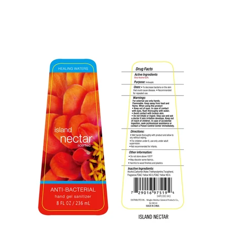 Healing Waters Island Nectar Scented Anti-Bacterial Hand Sanitizer packaging