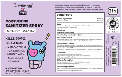 The creme shop BT21 MOISTURIZING SANITIZERSpray PEPPERMINT SCENTED packaging