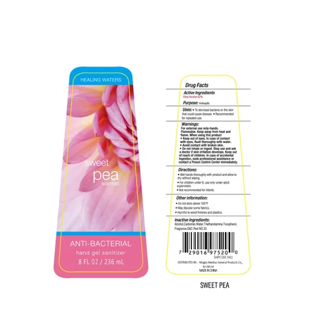 Healing Waters Sweet Pea Scented Anti-Bacterial Hand Sanitizer packaging